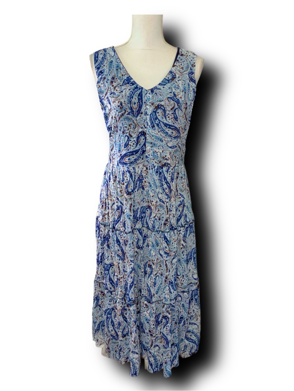 NWT T Tahari Blue Paisley V-Neck Tiered Tea Length Midi Dress